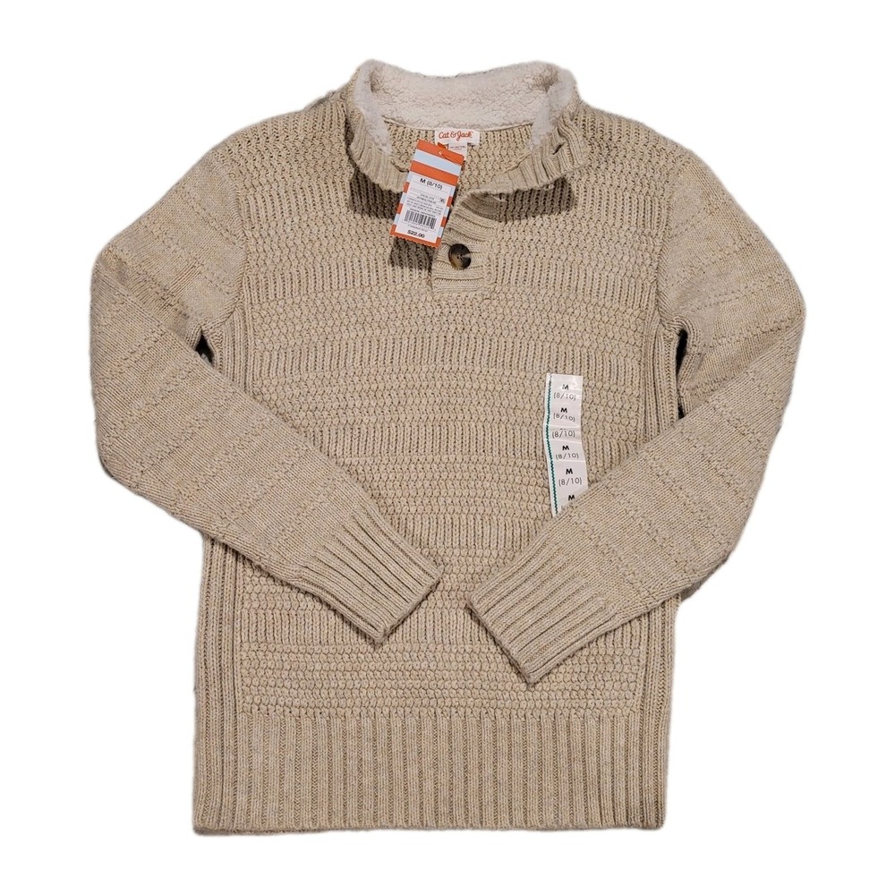 NWT Cat & Jack Boys' Sherpa-Lined Henley Sweater - Oatmeal Beige - Size M (8/10)